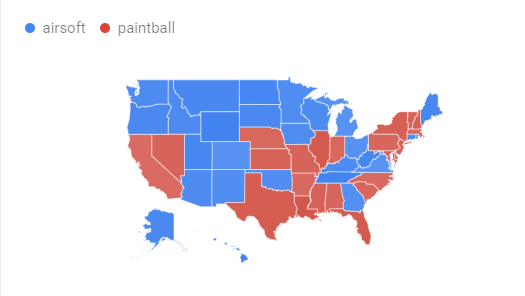 Airsoft VS Paintball popularity chart per states